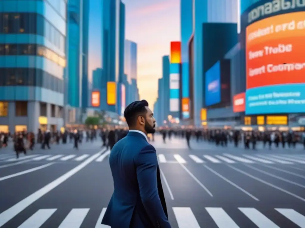 Horizonte urbano al atardecer: inversión inmobiliaria en la era digital 'Impacto de regulaciones fiscales en el sector inmobiliario: ciudad moderna al atardecer con rascacielos iluminados y gente en la calle