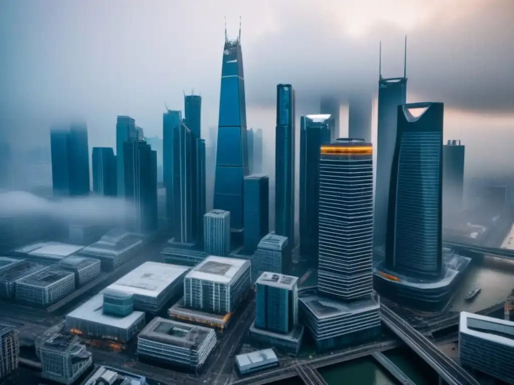 Horizonte futurista: impacto del cambio climático en la inmobiliaria global Impacto del riesgo climático en bienes raíces: Ciudad futurista envuelta en niebla, rascacielos deteriorados por el clima extremo