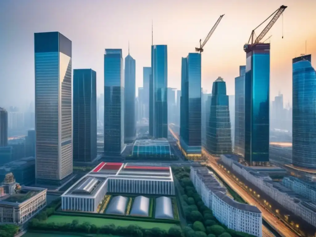 Impacto económico en el mercado inmobiliario: skyline urbano en 8k Impacto de sanciones económicas en el mercado inmobiliario: contraste entre rascacielos modernos y edificios históricos en una ciudad bulliciosa