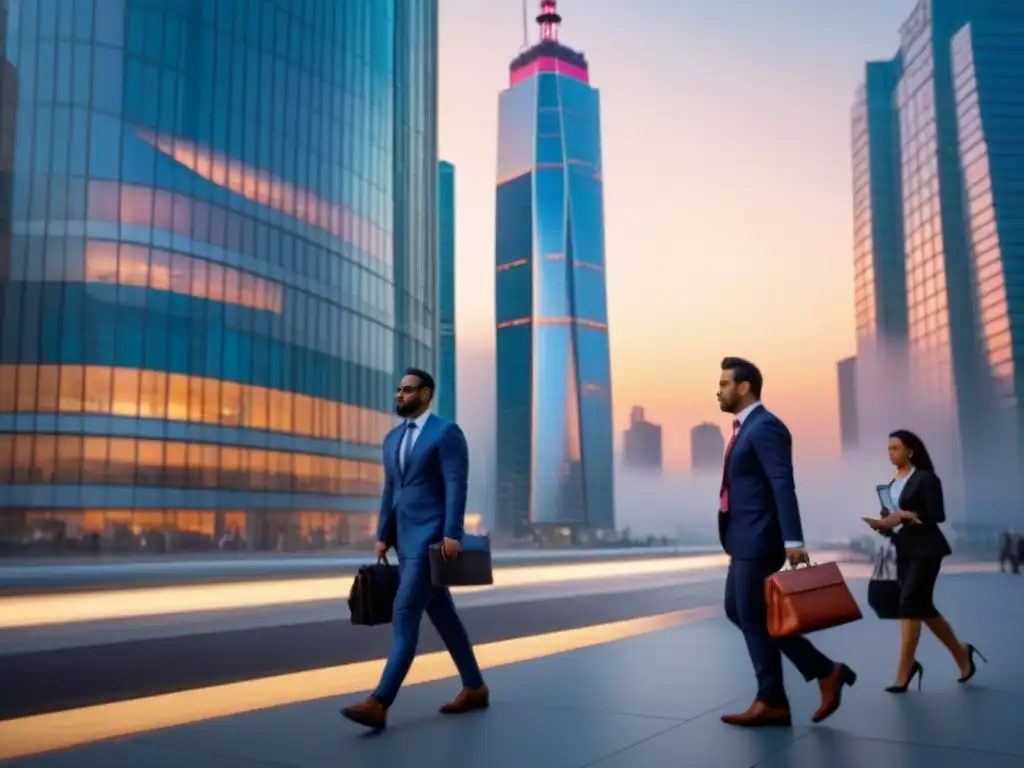 Metrópolis en crecimiento al atardecer: impacto económico Impacto de sanciones económicas en el mercado inmobiliario: Ciudad moderna al atardecer, reflejos de vidrio y profesionales urbanos