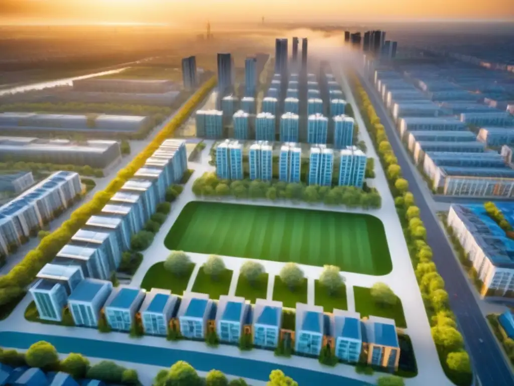 Metrópolis sostenible: arquitectura moderna y vida urbana en armonía Impacto social en desarrollos inmobiliarios integrados en una ciudad moderna y vibrante al amanecer