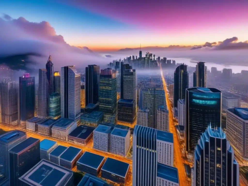 Cityscape nocturno en 8k: Impacto de tasas de interés en crisis Impacto de la tasa de interés en la crisis inmobiliaria: Un paisaje urbano vibrante de noche con rascacielos iluminados y calles llenas de vida