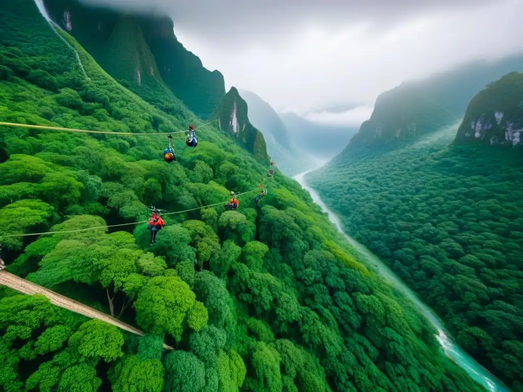 Aventura en la montaña: Impacto turístico y mercado inmobiliario Impacto del turismo de aventura: Paisaje montañoso vibrante con turistas disfrutando de actividades como tirolesa, senderismo y escalada