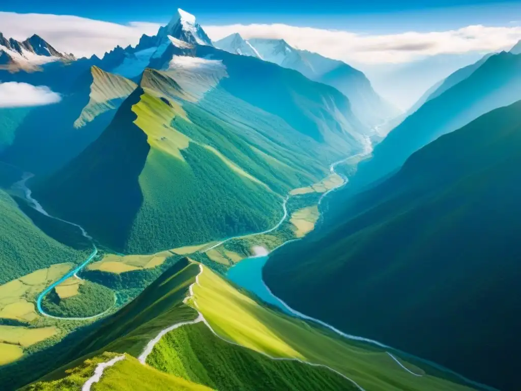 Explorando la majestuosidad natural de montañas y valles Impacto del turismo de aventura: Vista aérea de majestuoso paisaje montañoso con turistas explorando senderos