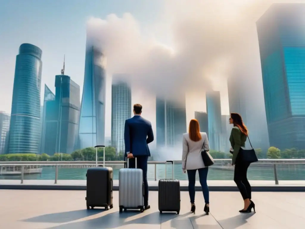 Metrópolis dinámica: integración turística y mercado inmobiliario Impacto del turismo en el mercado inmobiliario: Ciudad vibrante con rascacielos modernos y diversidad de personas