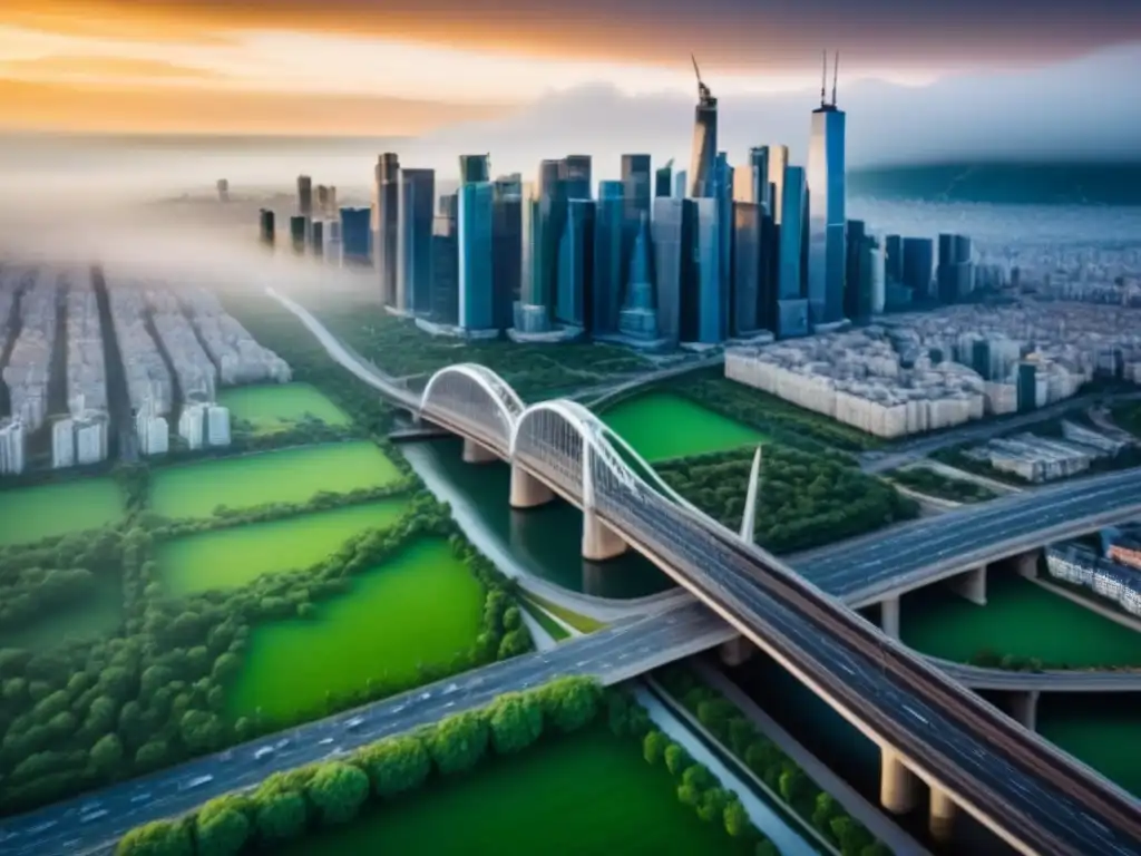 Vista aérea detallada de una ciudad moderna en crecimiento Impacto urbano: ciudad dinámica con rascacielos, edificios y espacios verdes