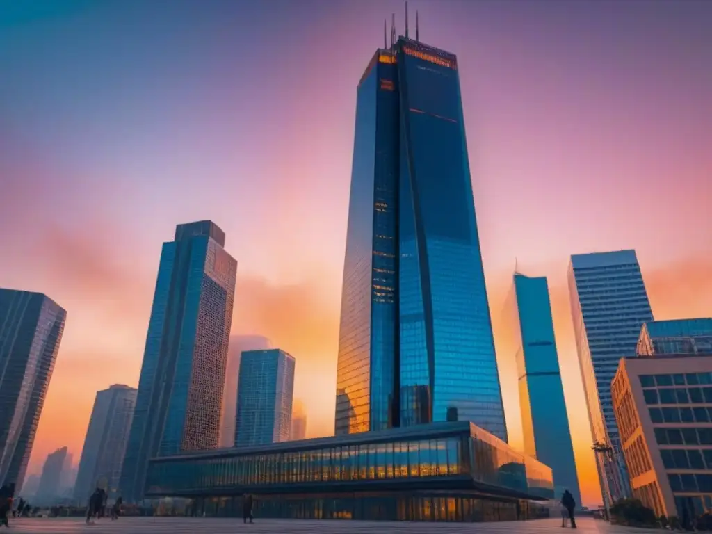 Espectacular rascacielos moderno en atardecer vibrante Impacto visual de un rascacielos moderno contra un atardecer vibrante, reflejándose en otro edificio de cristal