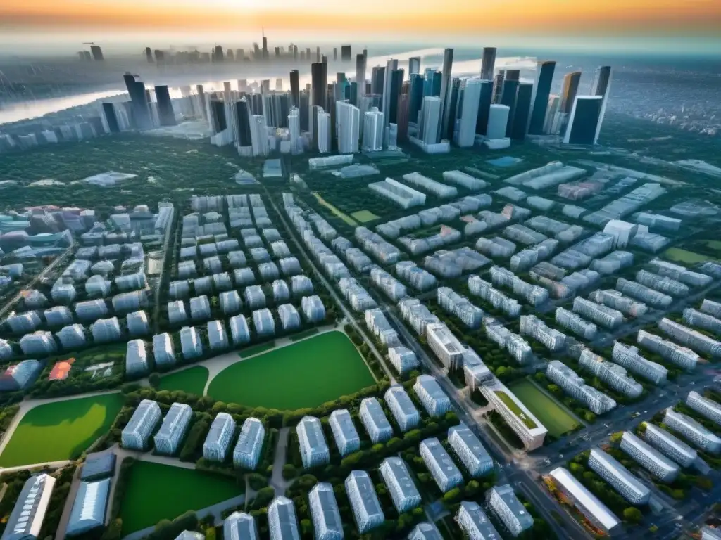 Impacto de Universidades en la Ciudad: Modernidad y Naturaleza Impacto de zonas universitarias en precios inmobiliarios: ciudad vibrante con modernos rascacielos y campus verdes