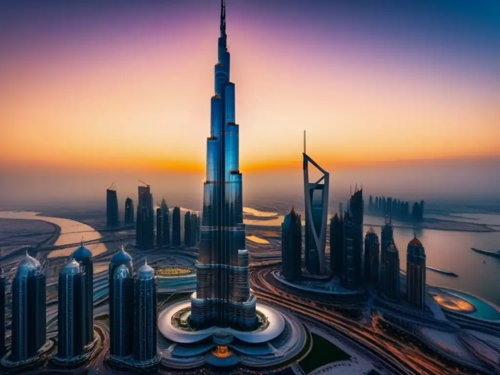 Esplendor del Burj Khalifa: diseño futurista y altura deslumbrante Imponente arquitectura de lujo internacional: el icónico Burj Khalifa de Dubai reflejando el atardecer vibrante