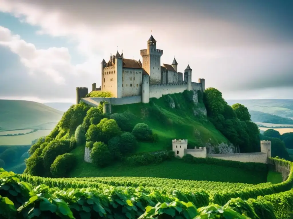 Castillo medieval en colina verde: historia y belleza en 8k Imponente castillo medieval en una colina verde con nubes dramáticas