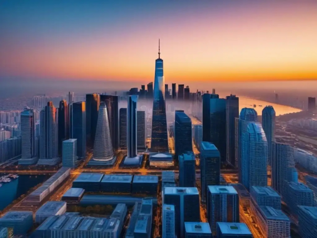 Horizonte urbano de lujo al atardecer: inversión inmobiliaria internacional Imponente ciudad al atardecer, reflejo de estrategias inversión mercado inmobiliario internacional