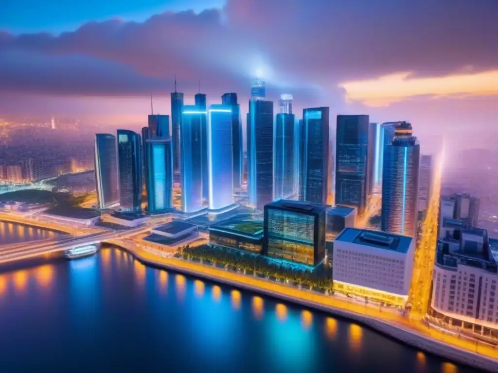 Metrópolis futurista: edificios inteligentes con tecnología de seguimiento en tiempo real Imponente ciudad futurista con herramientas seguimiento tiempo real inmobiliario en vidrios iluminados por luces neón al anochecer