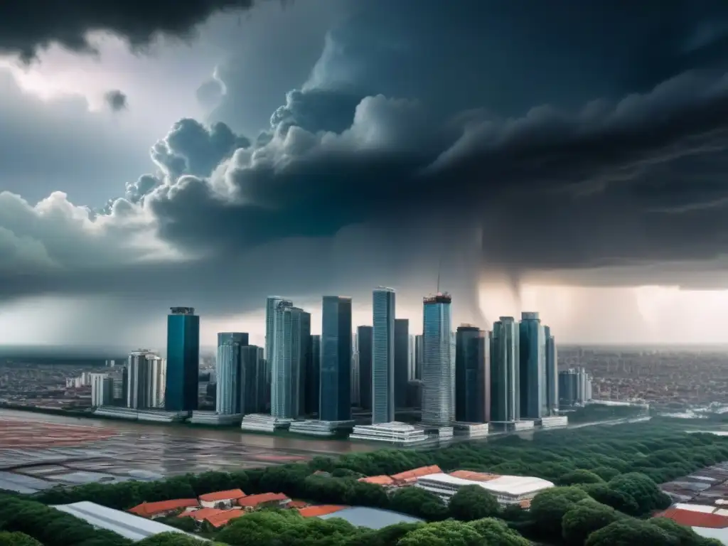 Cityscape futurista en tormenta: impactante contraste urbano-natural Imponente ciudad futurista contrasta con tormenta amenazante