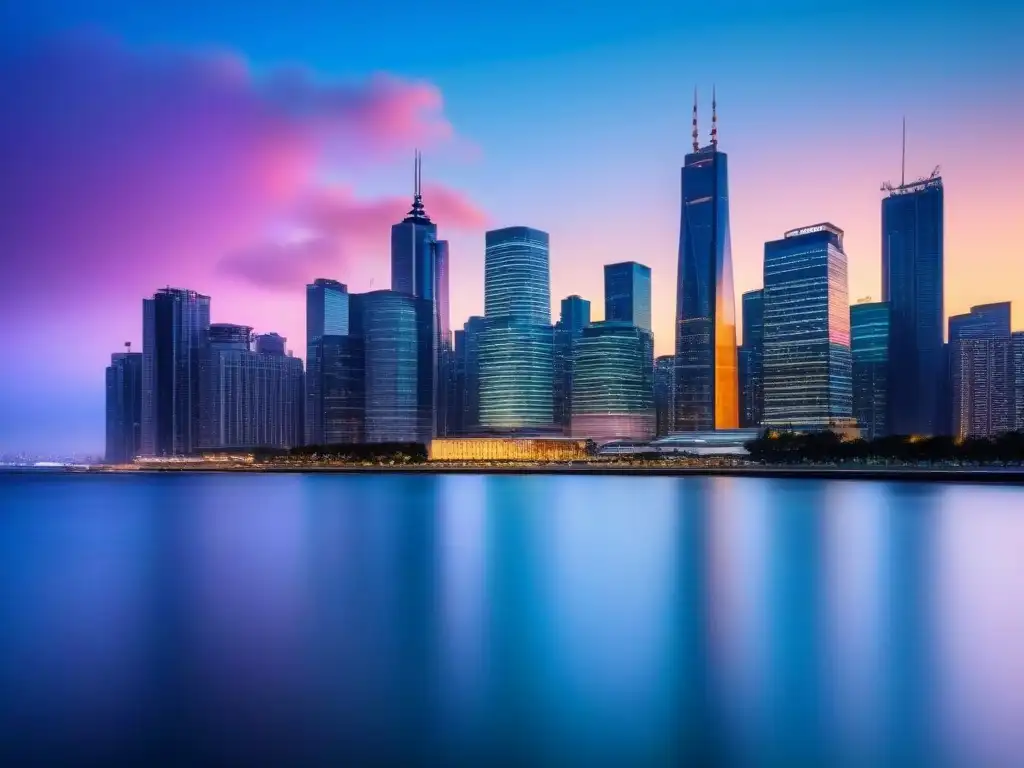 Horizonte urbano moderno en 8k al atardecer La imponente ciudad moderna iluminada al anochecer, reflejando luces vibrantes en el agua serena
