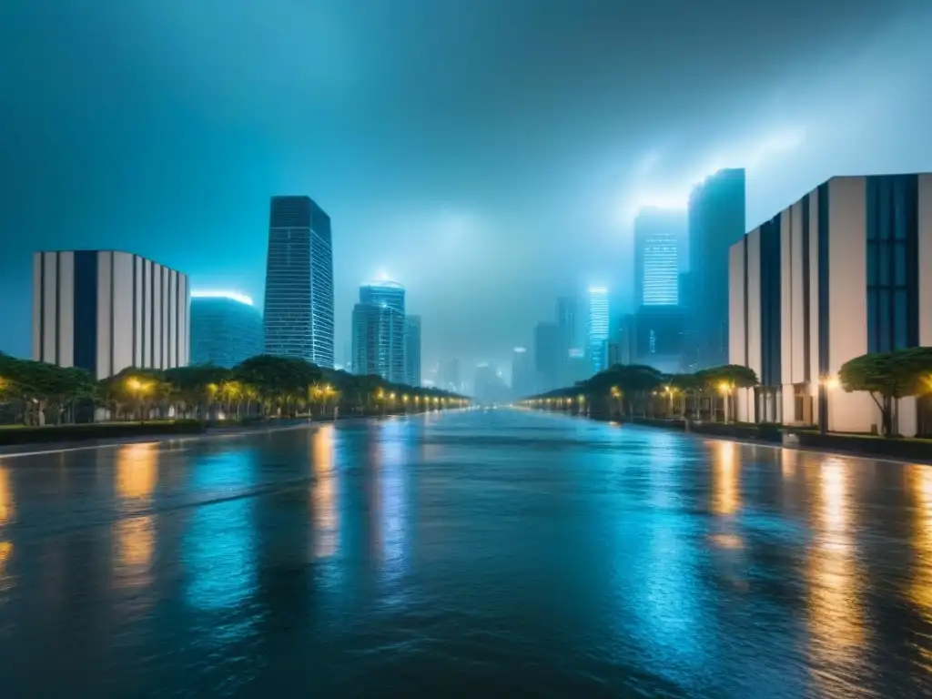 Metrópolis bajo lluvia intensa: contraste dramático de inundación urbana Imponente ciudad moderna bajo tormenta, calles inundadas reflejan luces, resaltando necesidad de Seguro propiedad áreas inundables internacional