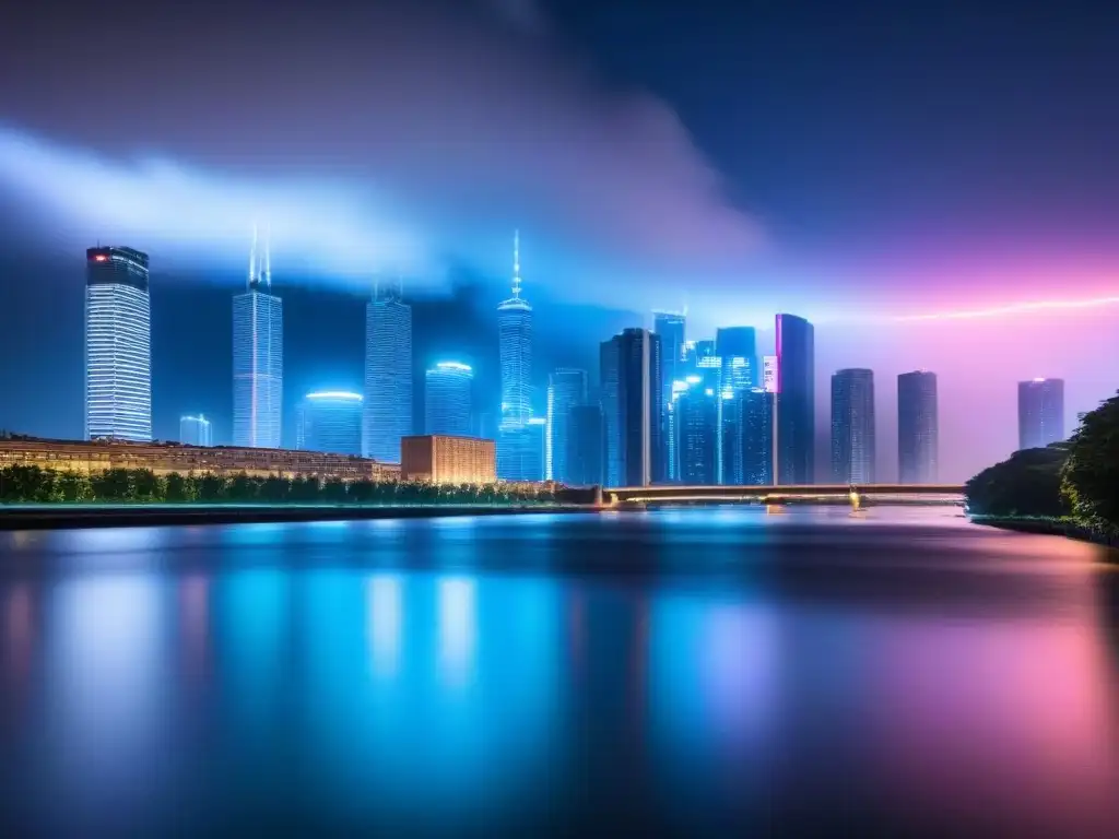 Horizonte urbano nocturno: seguridad y sofisticación global Imponente ciudad nocturna con rascacielos iluminados por neones, reflejándose en un río