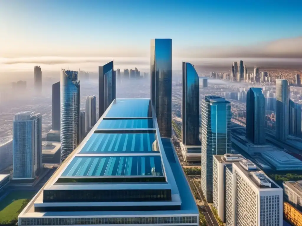 Inversión en REITs: Complejo de rascacielos modernos y sofisticados en 8k Imponente complejo de rascacielos modernos con fachadas de vidrio reflectante bajo cielo azul