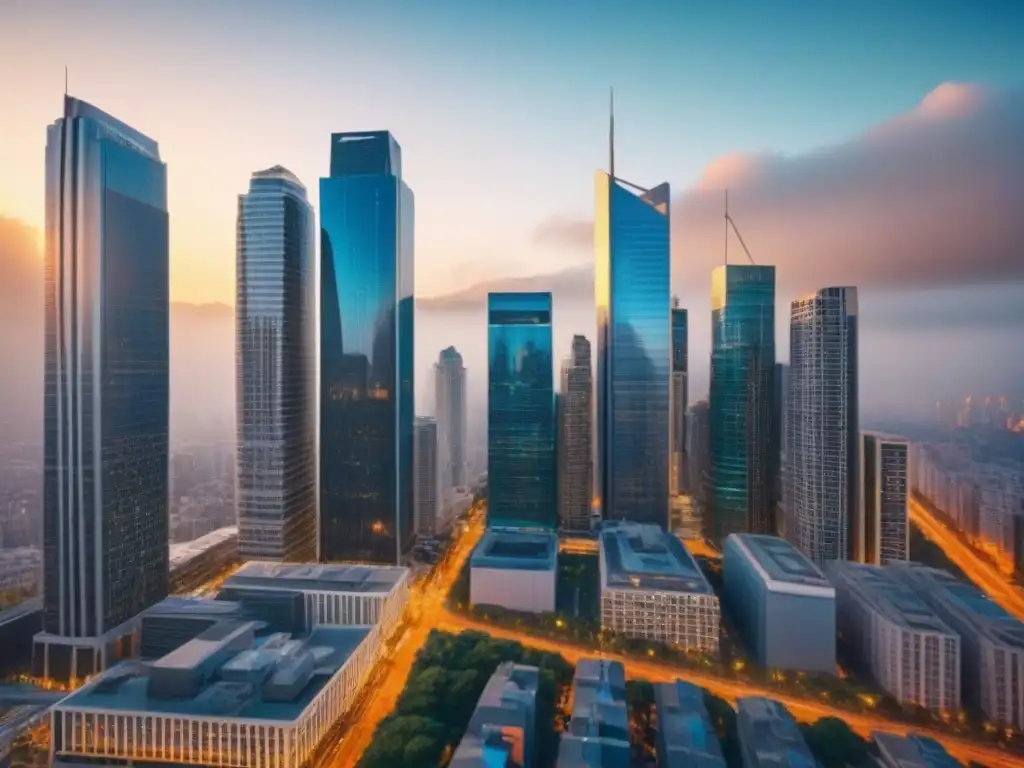 Edificio de lujo en metrópolis vibrante Un imponente edificio de gran altura con una ciudad vibrante de fondo, reflejando el dinamismo del mercado inmobiliario