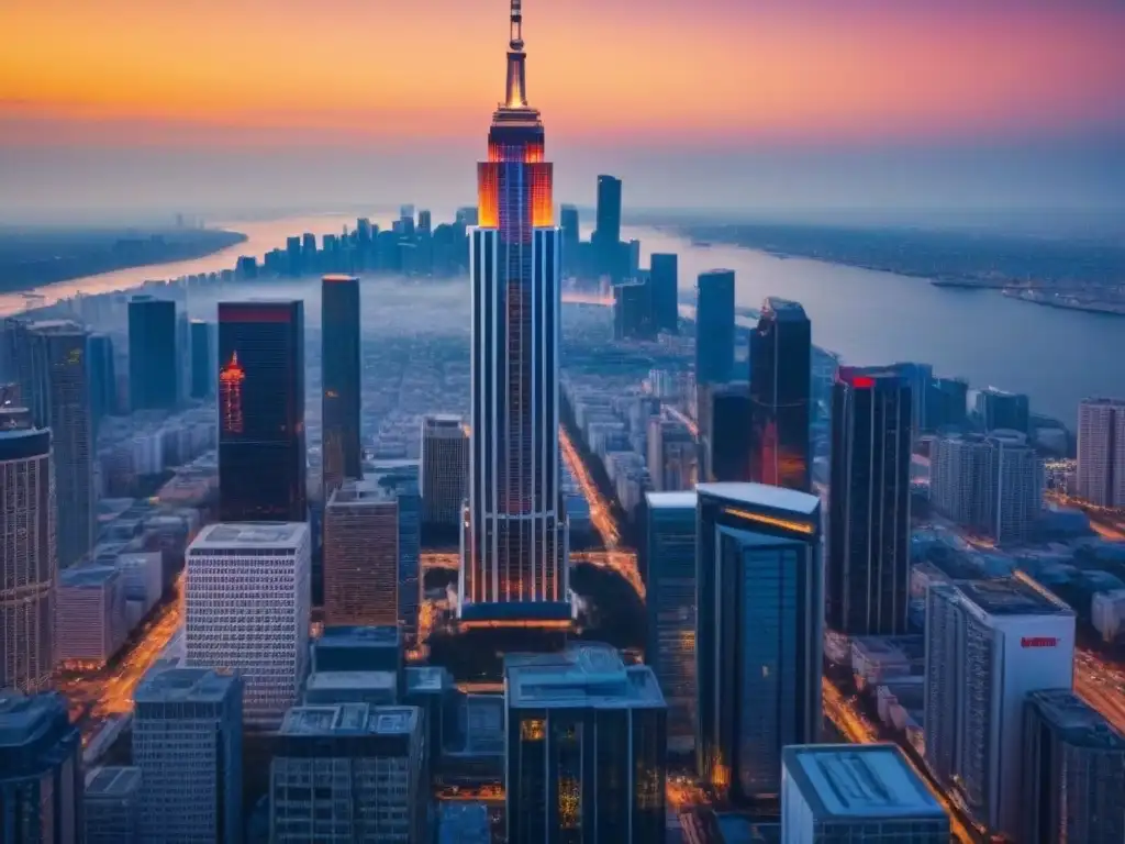 Rascacielos moderno al atardecer: luces de ciudad en 8k Un imponente edificio moderno frente a una vibrante ciudad al atardecer