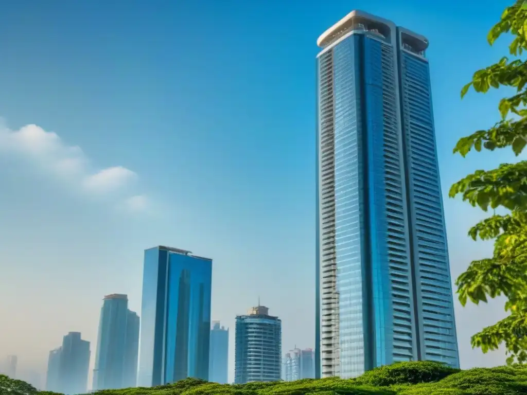 Un imponente edificio moderno rodeado de vegetación, reflejando éxito y ética en inversiones inmobiliarias globales