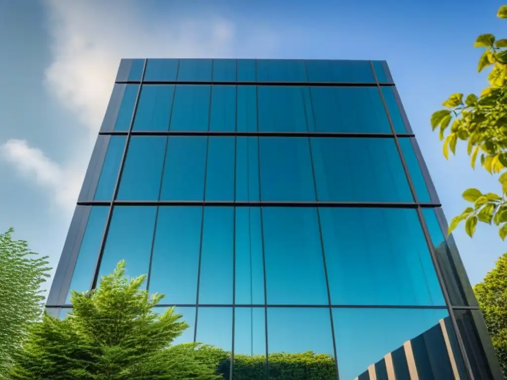 Edificio moderno en ciudad vibrante: seguro para negocios Imponente edificio moderno con ventanales, reflejando la ciudad