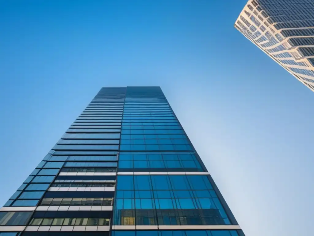 Edificio moderno en ciudad vibrante: inversión Millennial Imponente edificio moderno con ventanas de piso a techo reflejando la ciudad, ideal para inversión inmobiliaria internacional Millennials