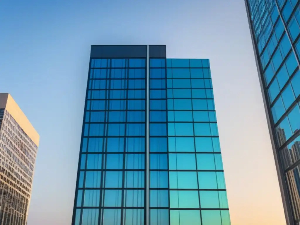 Edificio moderno de cristal en ciudad vibrante Imponente edificio de oficinas en ciudad vibrante, reflejando cielo azul