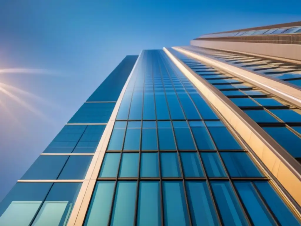 Edificio moderno en el distrito financiero: oportunidades de inversión globales Un imponente edificio de oficinas moderno en una ciudad financiera, reflejando oportunidades de inversión inmobiliaria global