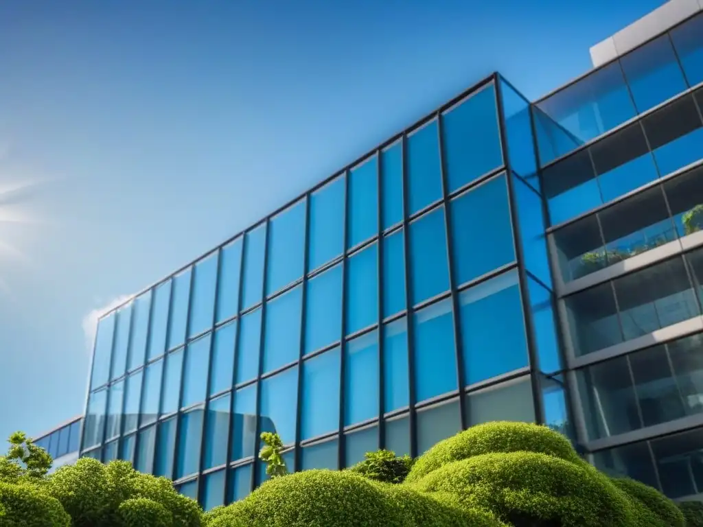 Edificio de oficinas moderno y elegante en entorno natural Imponente edificio de oficinas moderno con fachada de cristal, rodeado de vegetación exuberante y cielo azul, simbolizando estabilidad