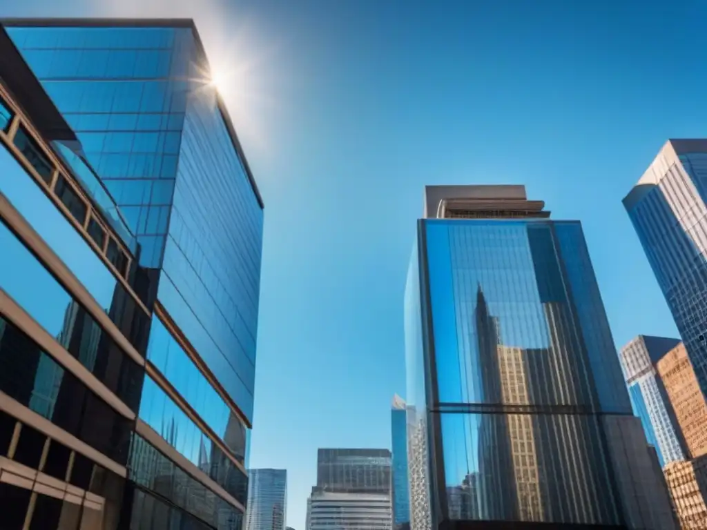 Edificio de oficinas moderno en la ciudad: reflejos de luz y sombras Imponente edificio de oficinas moderno en la ciudad, reflejando el sol