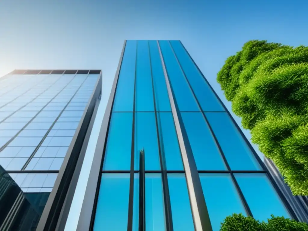 Edificio moderno con fachada de vidrio en la ciudad Imponente edificio de oficinas moderno con fachada de vidrio, rodeado de vegetación y ciudad vibrante, simbolizando éxito y presencia internacional