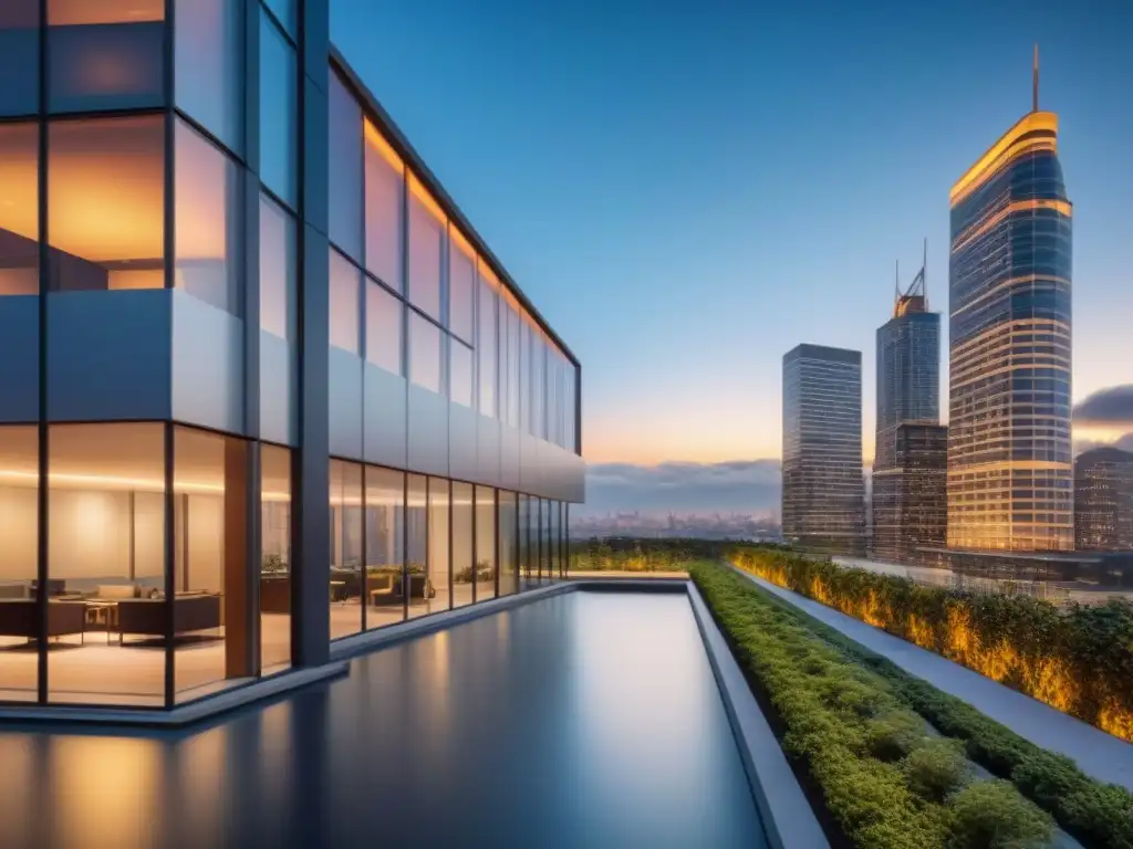 Edificio moderno al anochecer: elegancia urbana y éxito Un imponente edificio de oficinas moderno iluminado al anochecer, reflejando las luces de la ciudad