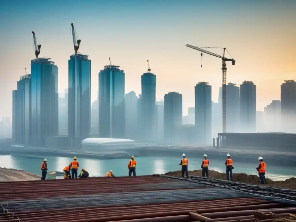 Altares de la construcción: trabajadores en obra moderna Imponente obra moderna con normativas seguridad inversores inmobiliarios internacionales