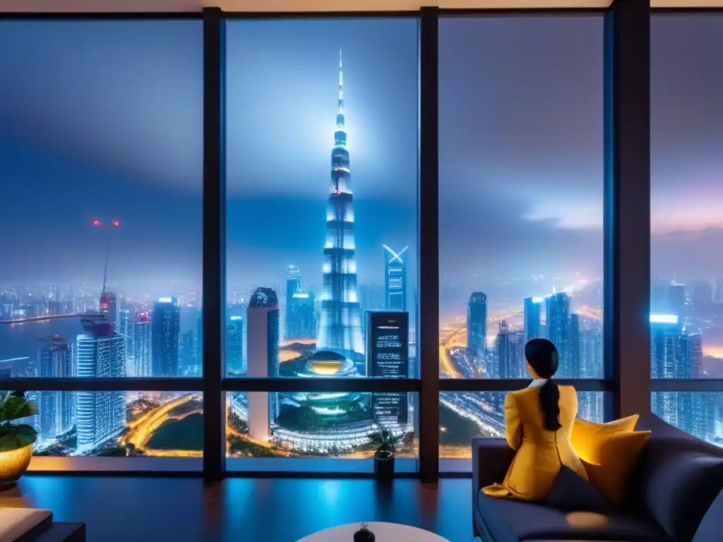 Espectacular rascacielos de lujo en ciudad asiática Imponente propiedad de lujo en Asia con arquitectura moderna, reflejando luces de la ciudad