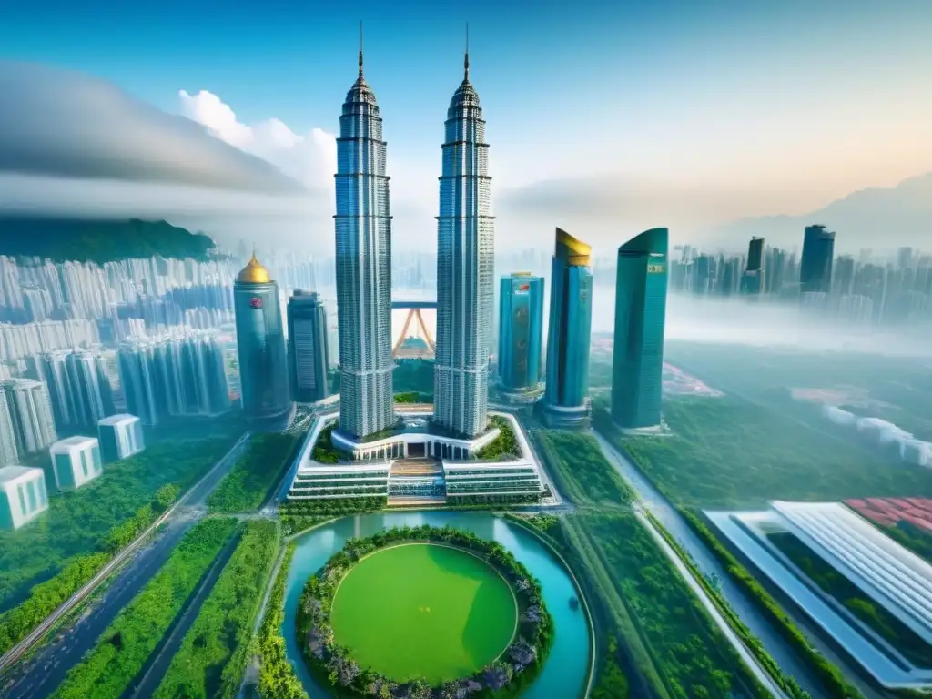 Rascacielos moderno en ciudad asiática: fusión tradición-contemporánea Imponente rascacielos asiático rodeado de vegetación, reflejando la próspera inversión inmobiliaria con hipotecas para extranjeros en Asia