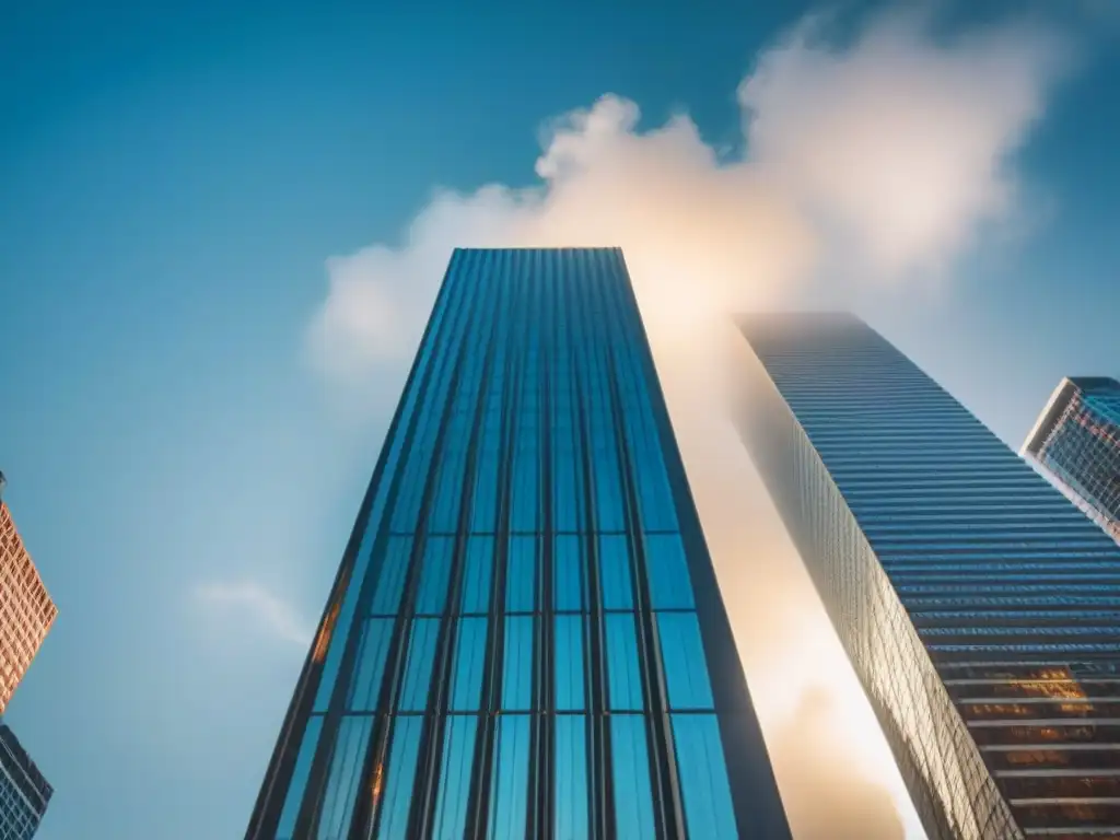 Rascacielos moderno en ciudad estadounidense: poder y sofisticación Imponente rascacielos en ciudad estadounidense, reflejando poder y oportunidad en negociar mercado inmobiliario norteamericano