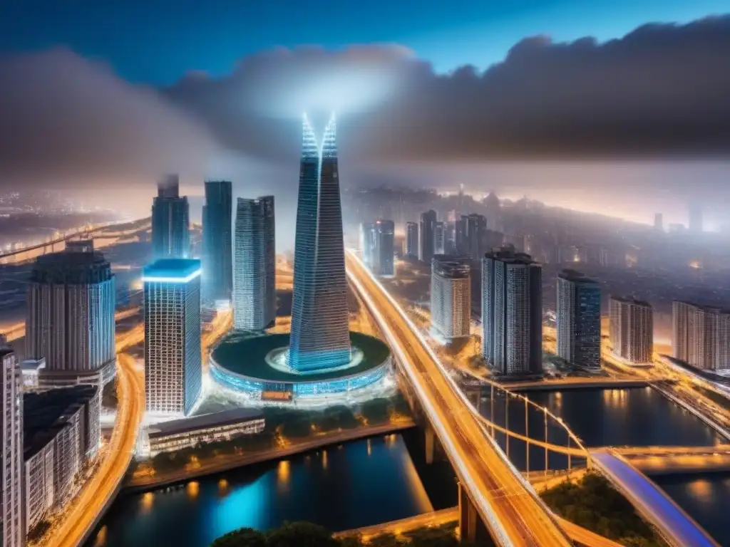 Rascacielos de lujo en la noche: redes internacionales inmobiliarias Un imponente rascacielos en una ciudad iluminada de noche, rodeado de redes viales, simbolizando el networking en mercado inmobiliario internacional