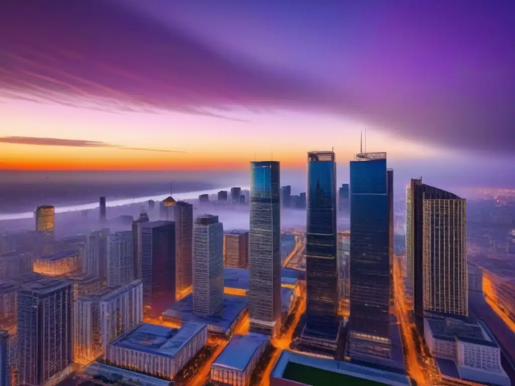 Rascacielos de cristal al atardecer en ciudad vibrante Un imponente rascacielos de cristal en una ciudad atareada al atardecer