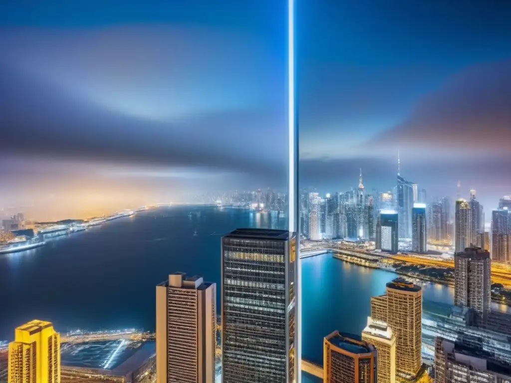 Rascacielos de lujo en mercado inmobiliario internacional Imponente rascacielos de cristal reflejando la ciudad de noche, éxito en mercado inmobiliario internacional
