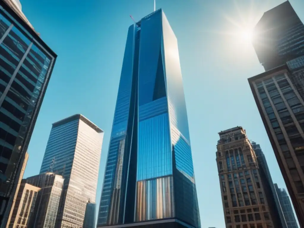 Rascacielos moderno en distrito financiero: símbolo de prosperidad y éxito Imponente rascacielos en distrito financiero con normativas seguridad inversionistas inmobiliarios internacionales