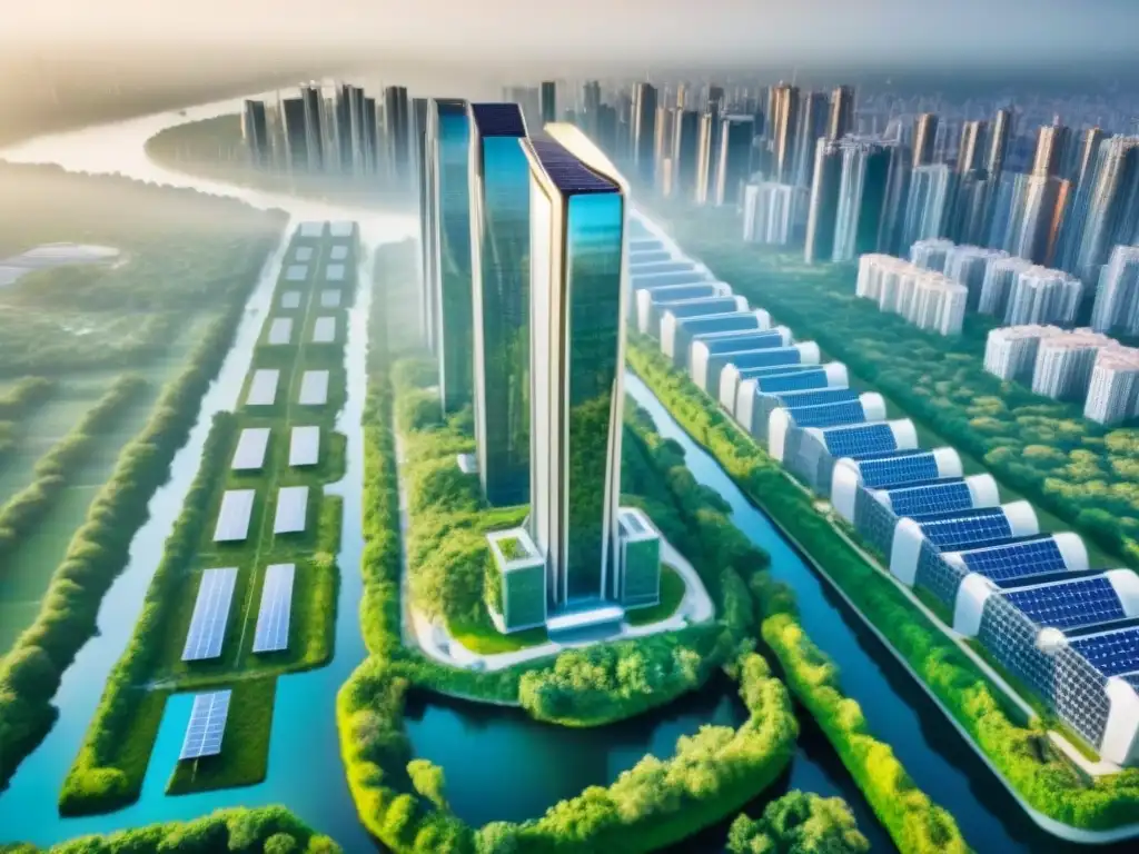 Rascacielos ecofuturista: sostenibilidad global Imponente rascacielos ecológico rodeado de vegetación, paneles solares en la luz solar, ciudad sostenible al fondo