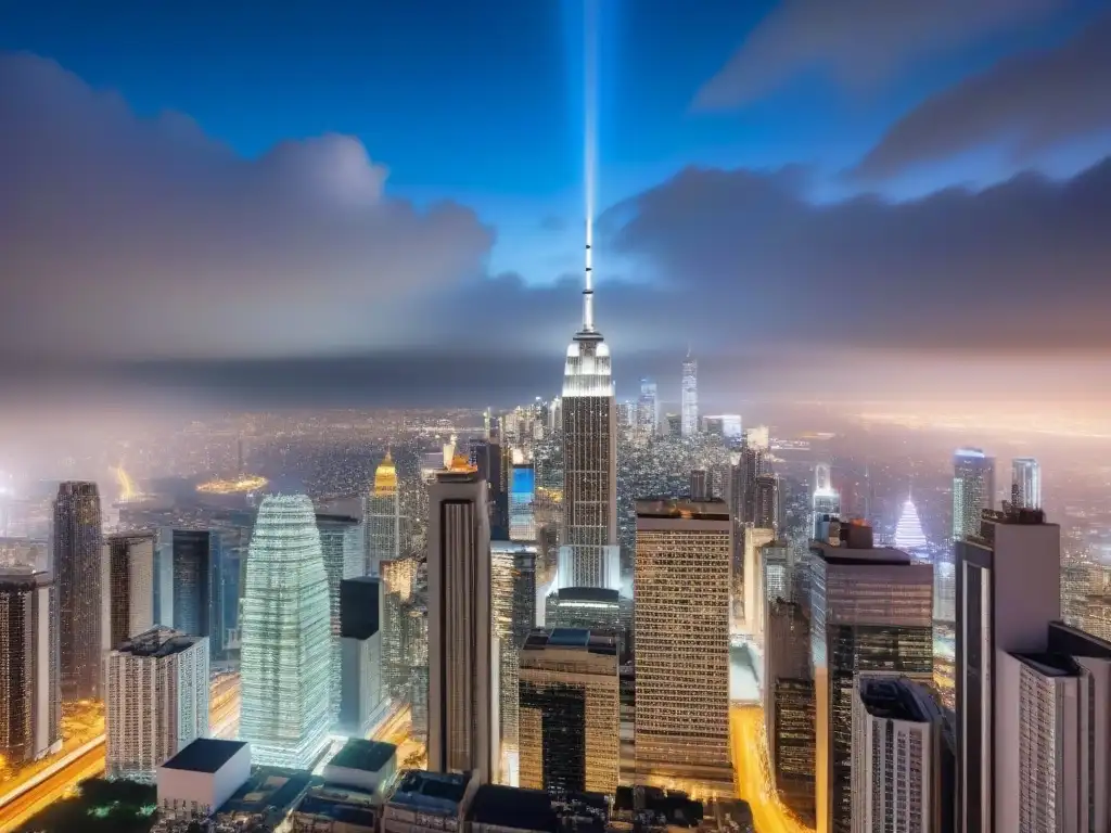 Rascacielos futurista de lujo en la noche Imponente rascacielos futurista reflejando una ciudad vibrante de noche