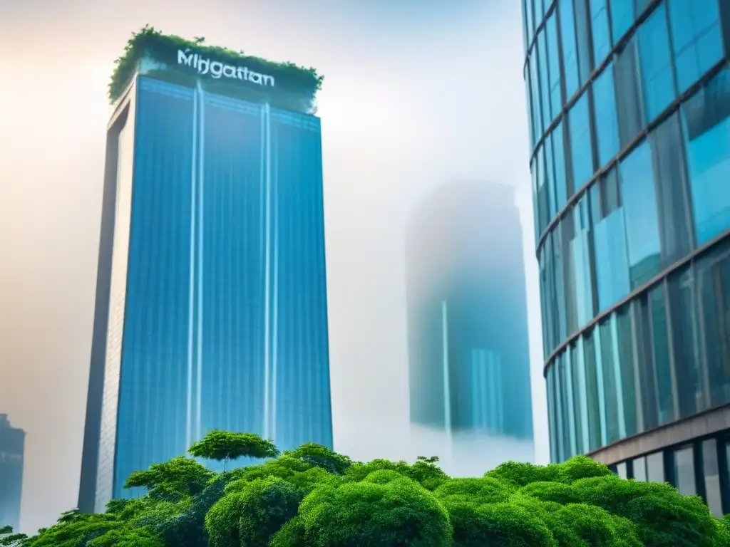 Rascacielos futurista en ciudad vibrante y verde Imponente rascacielos futurista en ciudad vibrante con áreas verdes, reflejando estabilidad