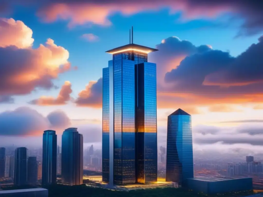 Rascacielos futurista: integración de plataformas en la nube en el sector inmobiliario Imponente rascacielos futurista con fachada de cristal reflectante, destacando la integración de plataformas en la nube en el sector inmobiliario