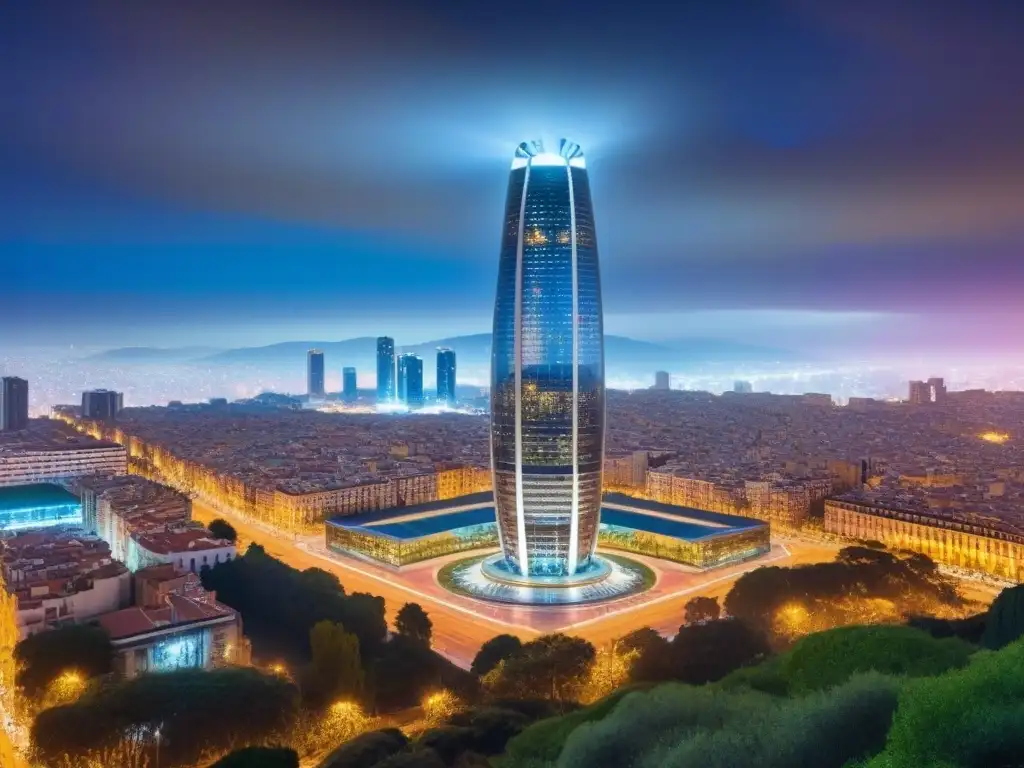 Rascacielos futurista en Barcelona: luces de la ciudad Imponente rascacielos futurista en Barcelona, reflejando luces de la ciudad de noche