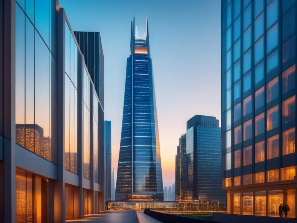 Rascacielos futurista y lujoso en la ciudad Imponente rascacielos futurista reflejando luces urbanas, simbolizando el impacto de ciclos económicos en el mercado inmobiliario