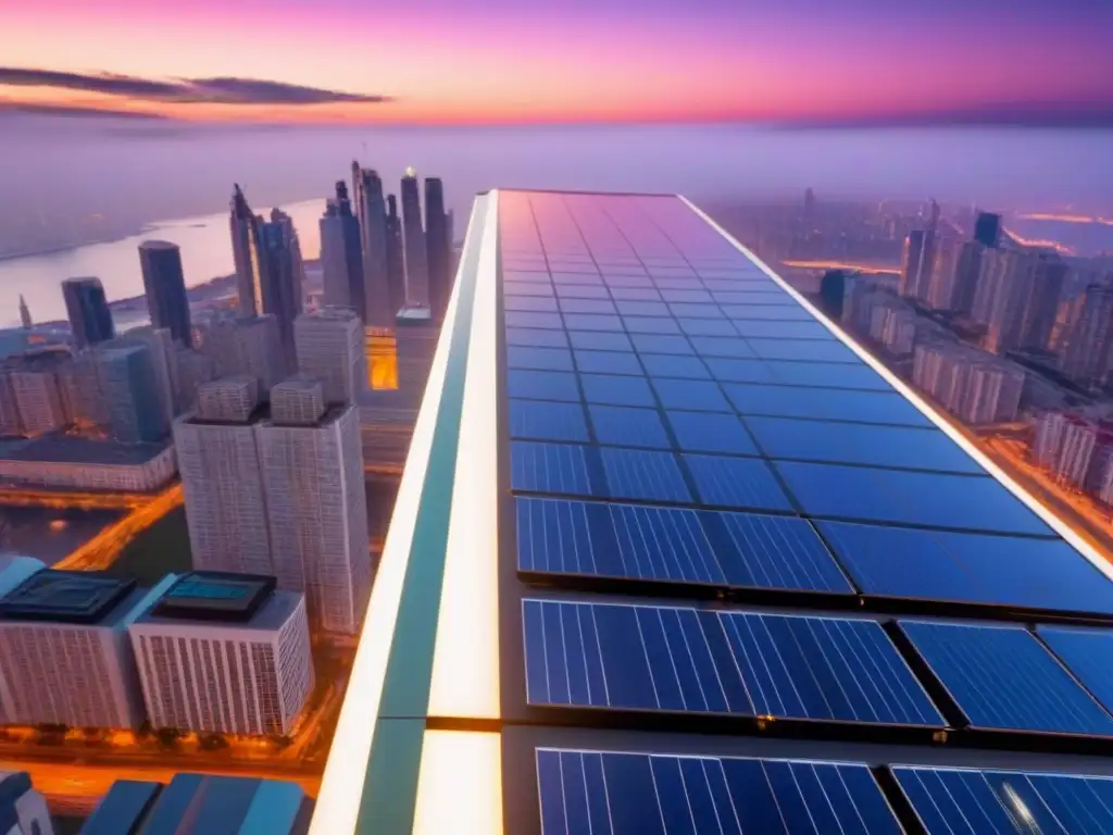 Edificio futurista con paneles solares en la ciudad al atardecer Imponente rascacielos futurista con paneles solares, energías renovables en el mercado inmobiliario