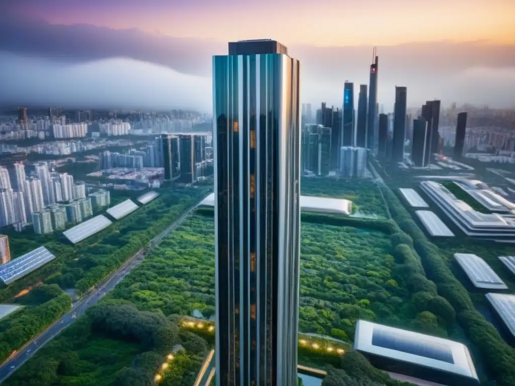 Rascacielos futurista en ciudad vibrante: innovación inmobiliaria Imponente rascacielos futurista rodeado de naturaleza y tecnología, reflejando innovación en el mercado inmobiliario