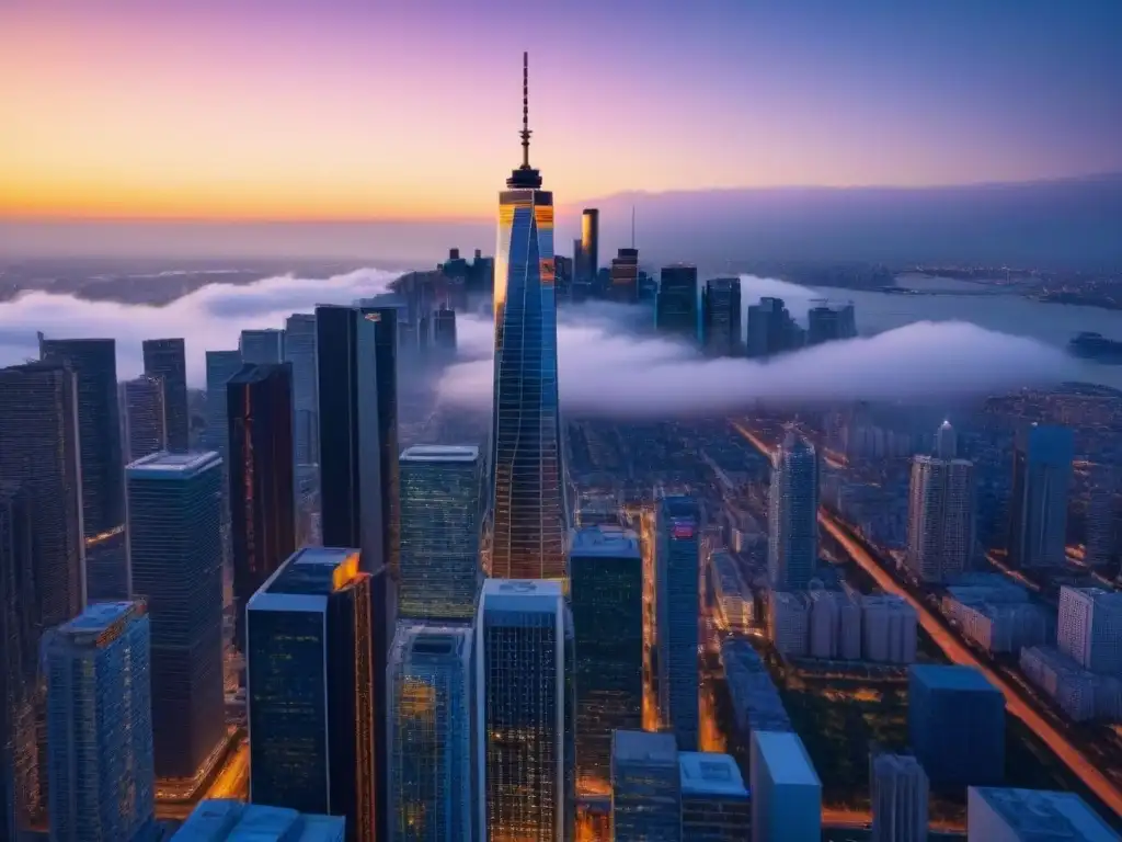 Rascacielos moderno en atardecer dorado: refinanciación estratégica Imponente rascacielos moderno reflejando el atardecer dorado en la vibrante ciudad