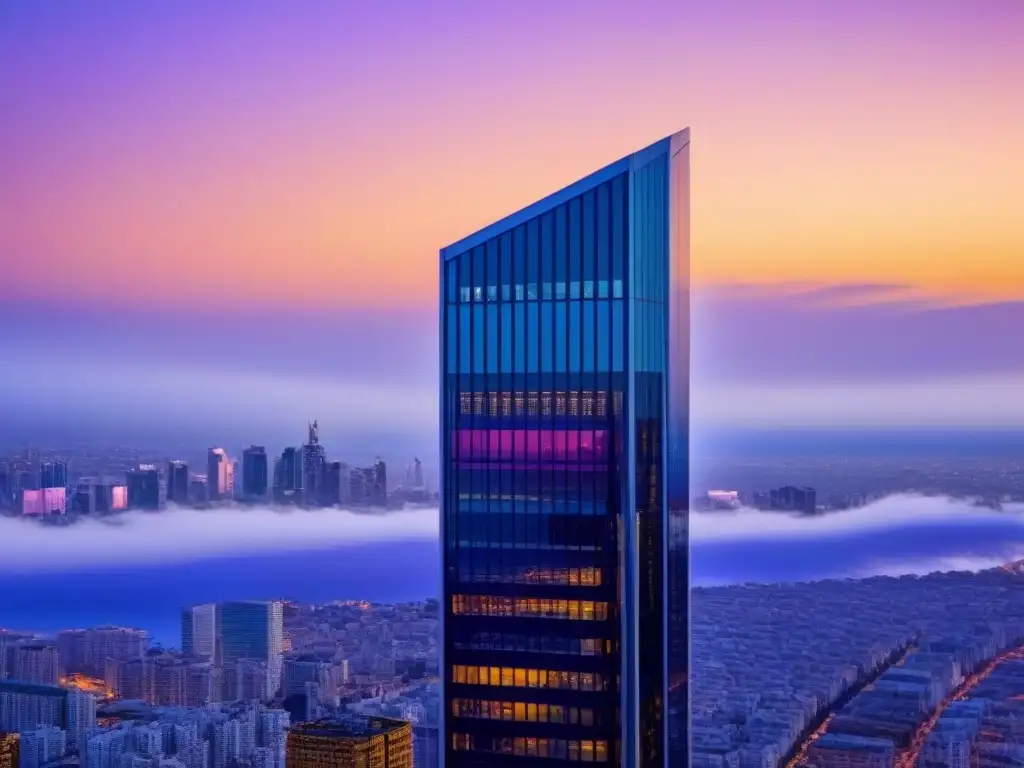 Rascacielos moderno al atardecer: símbolo de éxito y crecimiento urbano Imponente rascacielos moderno al atardecer, reflejando luces de la ciudad